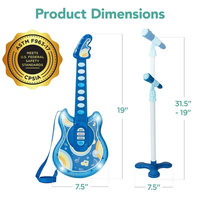 Best Choice Products 19in Kids Flash Guitar, Pretend Play Musical Instrument Toy for Toddlers w/ Mic, Stand - Navy