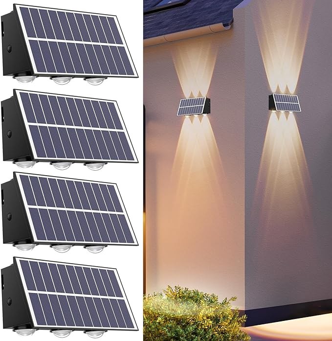REINHARDT Solar Lights Outdoor Waterproof Solar Wall Lights Outdoor Sconce Lights Up and Down Solar Fence Lights Decor for Porch Garage Yard Deck Garden Walkway Sconce Lights-Warm White 4 Pack