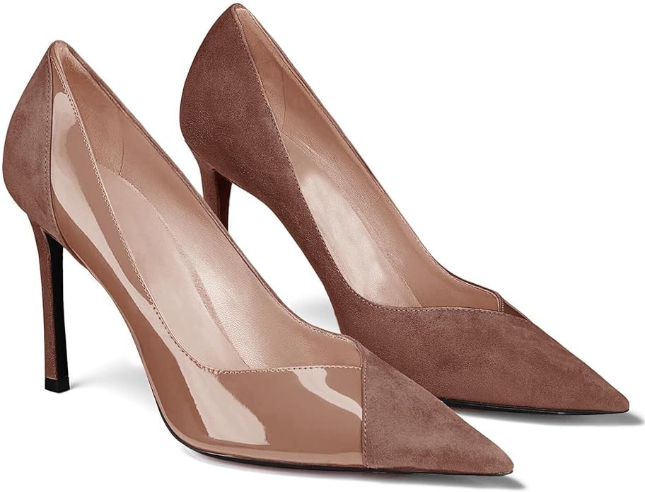 Coutgo Womens Pointed Toe High Heels Pumps Patent Suede Stiletto Heel Slip on Office Party Wedding Dress Shoes