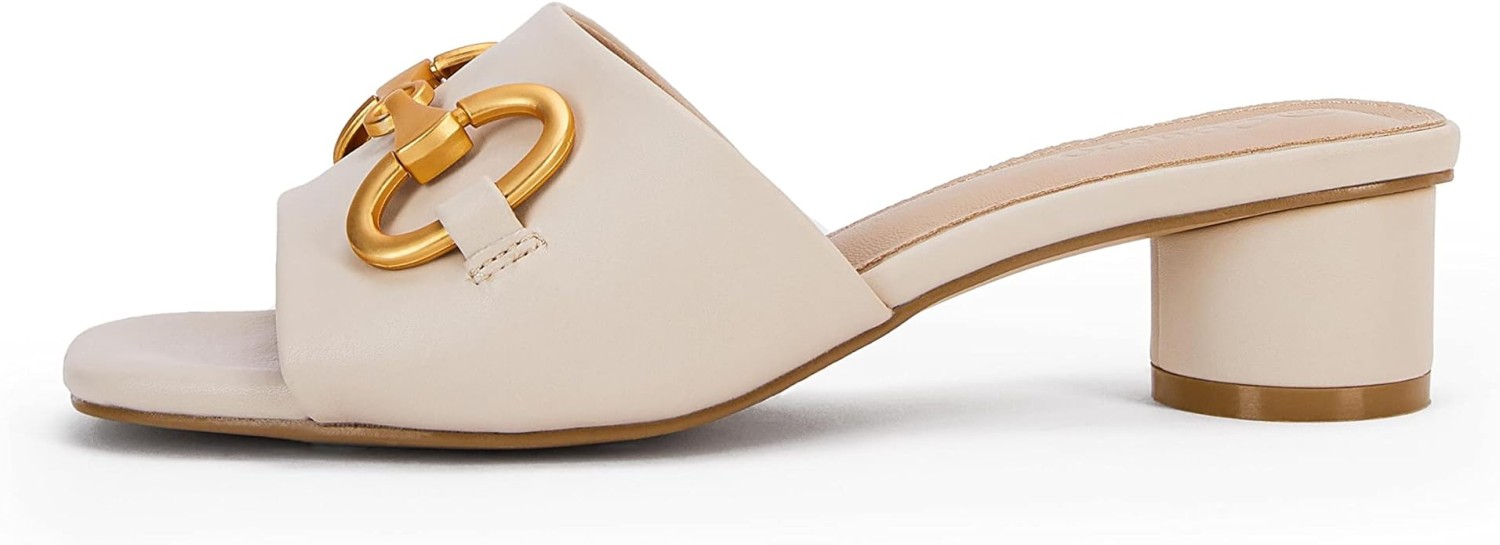 Coutgo Women's Slide Sandals Square Open Toe Slip on Comfortable Mules Block Low Heel Metal Chain Dressy Shoes