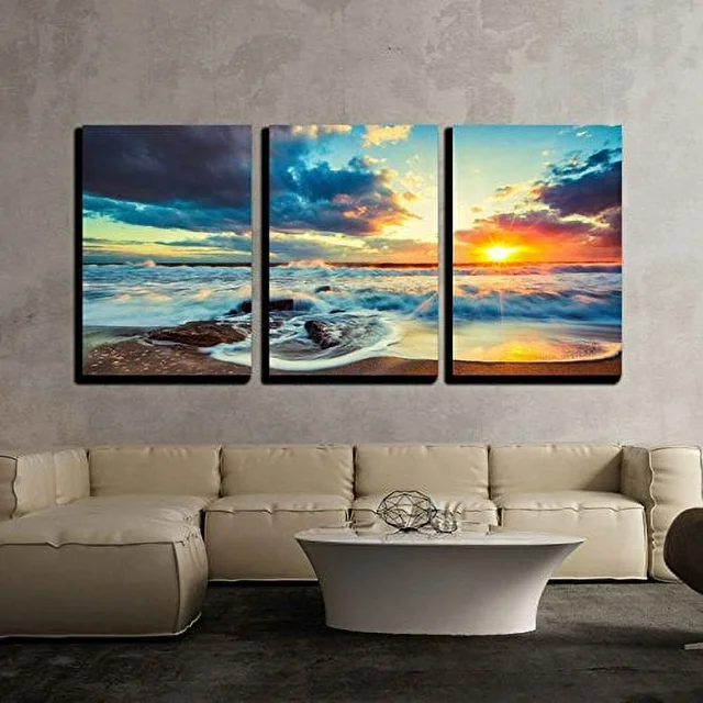 wall26 - 3 Piece Canvas Wall Art - Beautiful Cloudscape Over The Sea, Sunrise Shot - Modern Home Art Stretched and Framed Ready to Hang - 16"x24"x3 Panels