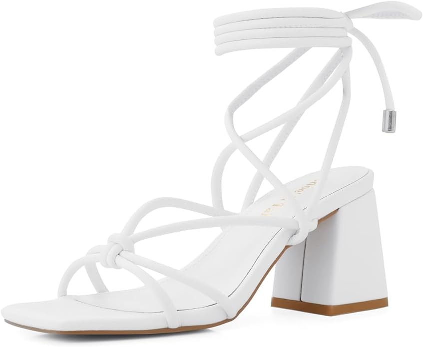 Shoe'N Tale Lace Up Heels for Women Ankle Strappy Gladiator High Heeled Sandals Chunky Block Heel Square Open Toe Criss Cross Dress Shoes