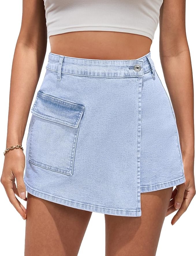 luvamia Denim Skorts for Woman Cargo Faux Wrap Jean Skort Skirts Stretchy High Waisted Skirt Shorts Country Concert Wear