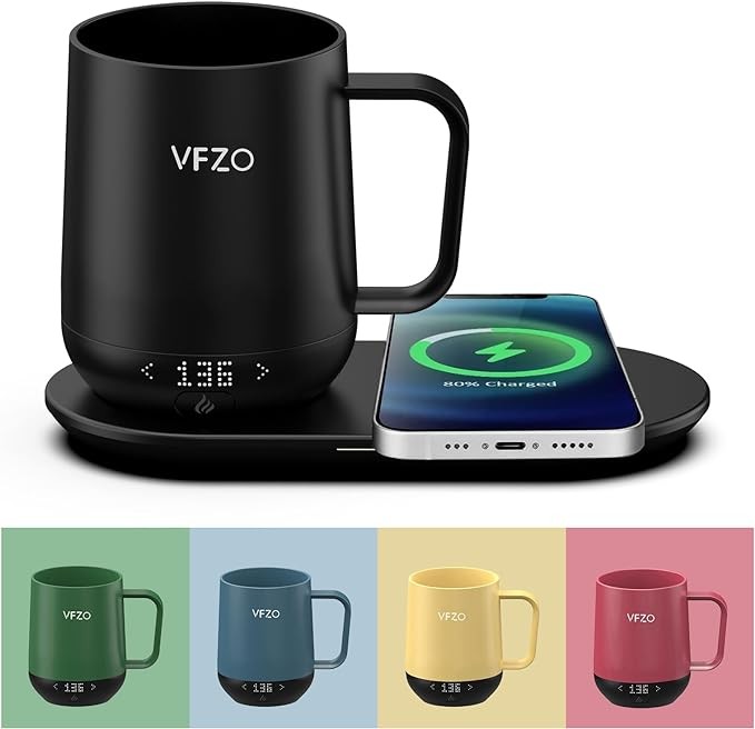VFZO Temperature Control Smart Mug, Self Heating Coffee Mug LED Display, 180 Min Battery Life - Hot up to 149℉ Fast Wireless Charger Base Improved Design (12oz, Black)