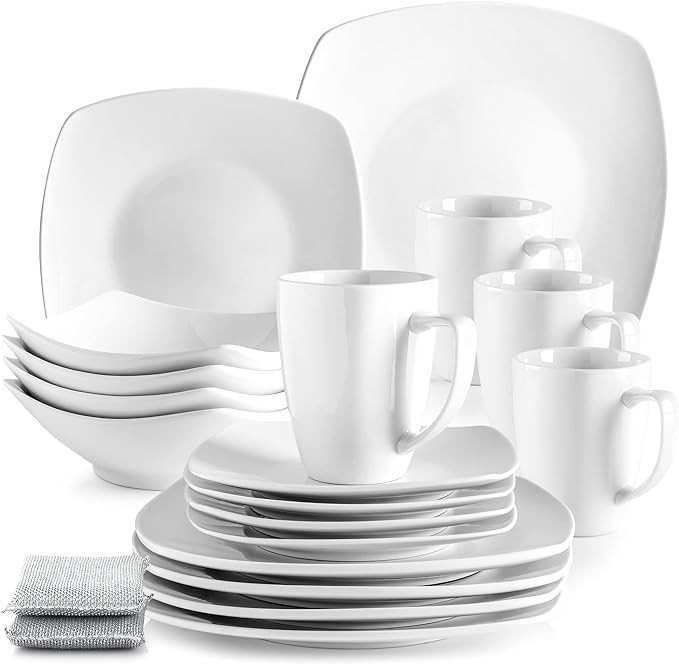 Zulay 16-Piece Dinnerware Set for 4 - Premium Quality Porcelain Dishes Set - Dishwasher Safe, Microwave Safe Plates and Bowls Set - Service of 4 White Dinner Plates - Includes 2 Silver Sponges